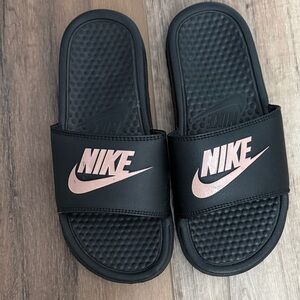 Nike Black Slides with Pink Logo 6 youth worn a few times